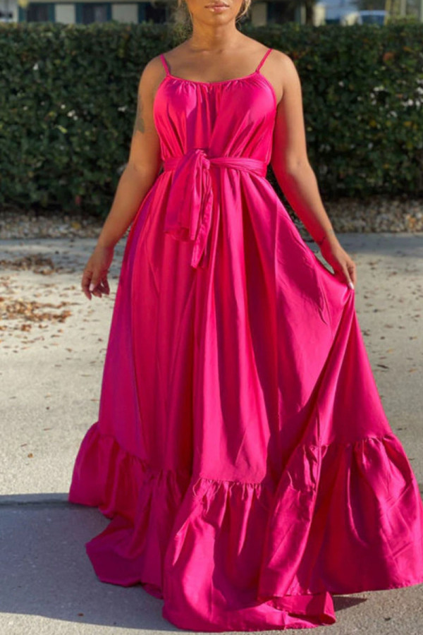 Rose Red Elegant Solid Patchwork Spaghetti Strap A Line Dresses