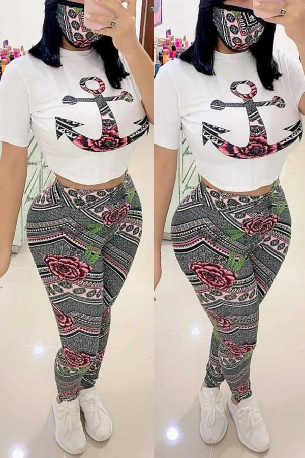 Red Fashion Sexy Printed Short Sleeve Top Set（With Mask）