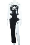 Black Sexy Solid Hollowed Out Halter Pencil Skirt Dresses