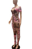 Pink Casual Print Patchwork V Neck Regular Jumpsuits