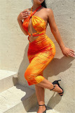 Orange Fashion Sexy Print Bandage Hollowed Out Backless Halter Strapless Dress
