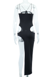 Black Sexy Solid Hollowed Out Halter Pencil Skirt Dresses