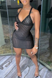 Black Fashion Sexy Solid Patchwork See-through Backless V Neck Sling Dress