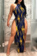 Tibetan Blue Fashion Sexy Print Slit O Neck Sleeveless Dress