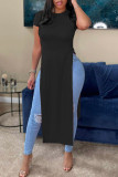 Black Casual Solid Patchwork Slit O Neck T-Shirts