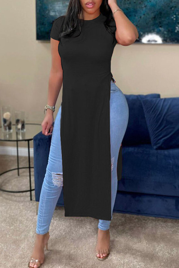 Black Casual Solid Patchwork Slit O Neck T-Shirts