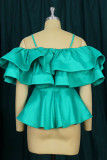 Green Casual Solid Patchwork Flounce Spaghetti Strap T-Shirts