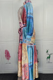 Blue Fashion Casual Print Patchwork Mandarin Collar Shirt Dress