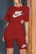 Burgundy Fashion Casual Print Hollowed Out O Neck Short Sleeve Two Pieces