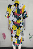 Multicolor Fashion Casual Print Patchwork Turndown Collar Shirt Dress