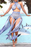 Blue Sexy Solid Tassel Patchwork Slit Asymmetrical Halter Sleeveless Two Pieces