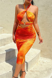 Orange Fashion Sexy Print Bandage Hollowed Out Backless Halter Strapless Dress