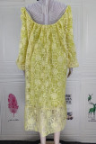 Yellow Fashion Casual Patchwork Embroidered Beading O Neck Long Sleeve Dresses