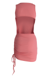 Red Sexy Solid Hollowed Out O Neck Pencil Skirt Dresses