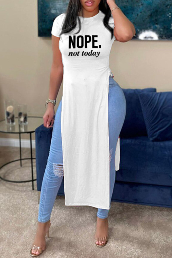 White Casual Print Patchwork Slit O Neck T-Shirts