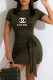 Army Green Fashion Sexy Print Letter O Neck One Step Skirt Dresses
