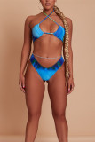 Red Fashion Sexy Print Bandage Hollowed Out Backless Swimwears Three-piece Set (With Paddings)