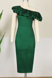 Green Elegant Solid Patchwork Fold Asymmetrical Oblique Collar One Step Skirt Dresses