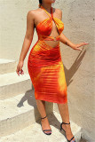 Orange Fashion Sexy Print Bandage Hollowed Out Backless Halter Strapless Dress