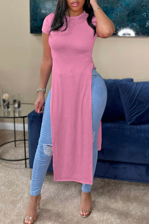 Pink Casual Solid Patchwork Slit O Neck T-Shirts