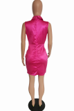 Rose Red Casual Solid Split Joint Turndown Collar Waist Skirt Dresses