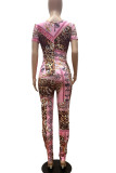 Pink Casual Print Patchwork V Neck Regular Jumpsuits
