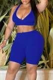 Blue Sexy Solid Patchwork Spaghetti Strap Sleeveless Two Pieces