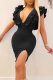 Black Sexy Solid Stringy Selvedge V Neck Irregular Dress Dresses