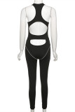 Black Fashion Casual Sportswear Letter Print Patchwork U Neck Skinny Jumpsuits