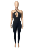 Black Sexy Casual Solid Bandage Hollowed Out Backless Halter Jumpsuits