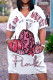 Watermelon Red Fashion Casual Print Basic V Neck Short Sleeve Dress