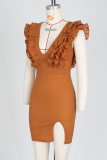 Orange Sexy Solid Stringy Selvedge V Neck Irregular Dress Dresses