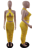 Yellow Sexy Solid Fold Halter Sleeveless Two Pieces
