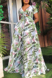 Multicolor Fashion Casual Print Bandage Hollowed Out V Neck Short Sleeve Dress