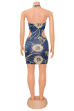 Blue Sexy Print Hollowed Out Halter Pencil Skirt Dresses