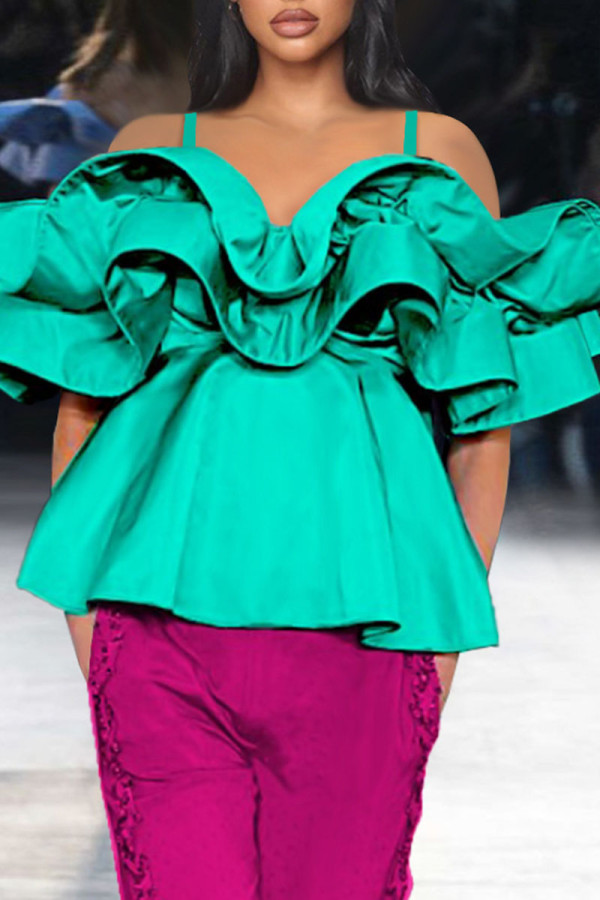 Green Casual Solid Patchwork Flounce Spaghetti Strap T-Shirts