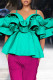 Green Casual Solid Patchwork Flounce Spaghetti Strap T-Shirts