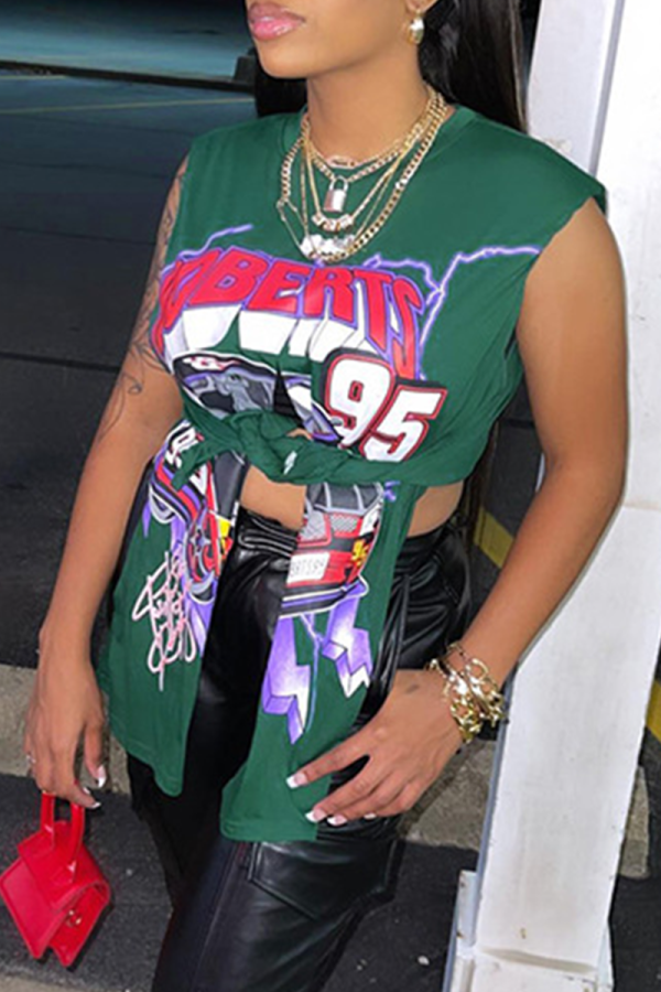 Green Sexy Print Patchwork O Neck T-Shirts