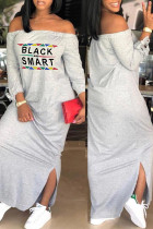 Light Gray Fashion Casual Print Off the Shoulder One Step Skirt Dresses