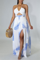 White Fashion Sexy Print Bandage Hollowed Out Backless Slit Halter Sling Dress