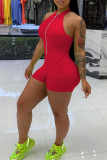 Red Casual Solid Patchwork O Neck Regular Rompers