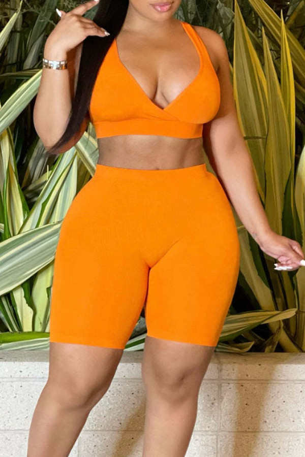 Tangerine Red Sexy Solid Patchwork Spaghetti Strap Sleeveless Two Pieces