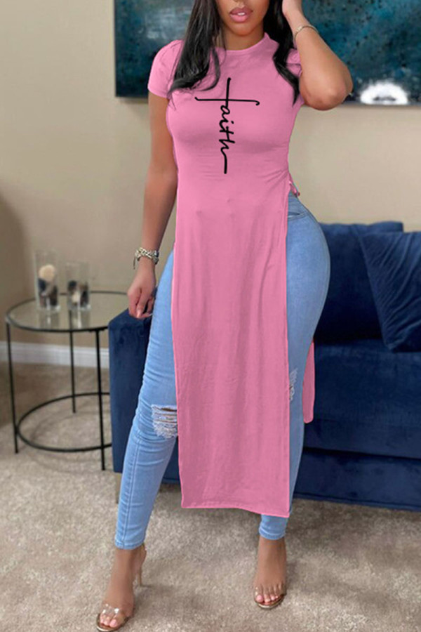 Pink Casual Print Patchwork Slit O Neck T-Shirts