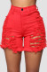 Red Sexy Street Solid Ripped Make Old Patchwork High Waist Denim Shorts