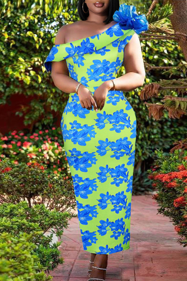 Blue Elegant Print Patchwork Appliques Oblique Collar Straight Dresses