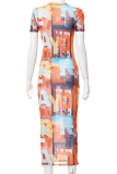 Orange Sexy Print Patchwork O Neck Straight Dresses