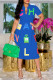 Blue Fashion Casual Print Basic Turndown Collar Short Sleeve Dress