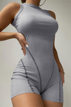 Grey Fashion Casual Sportswear Solid Split Joint O Neck Skinny Romper