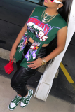 Green Sexy Print Patchwork O Neck T-Shirts