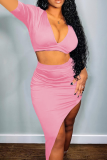 Pink Sexy Solid Patchwork V Neck Short Sleeve Two Pieces